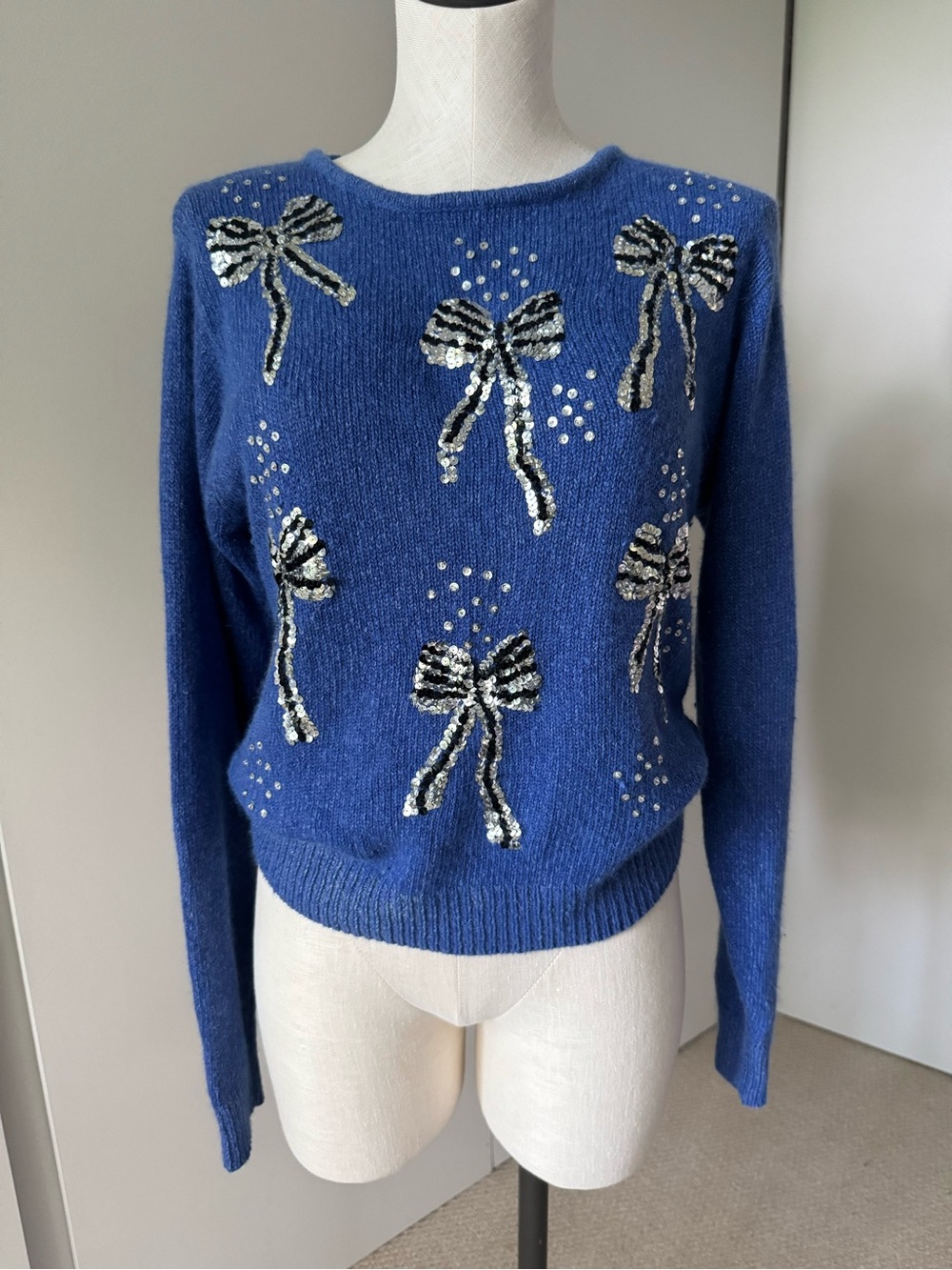 Vintage Blue Silk Angora Sweater with Sequins Bows- M